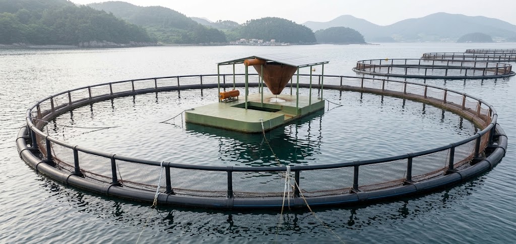 Concept visualization of the floating feed platform with conical feed tank and solar roof, moored inside a circular fish pen in Korean coastal waters
