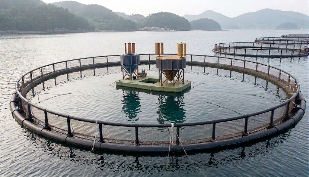 Concept visualization of the floating feed platform in Norwegian configuration with vertical-axis wind turbines and a dedicated ensilage tank