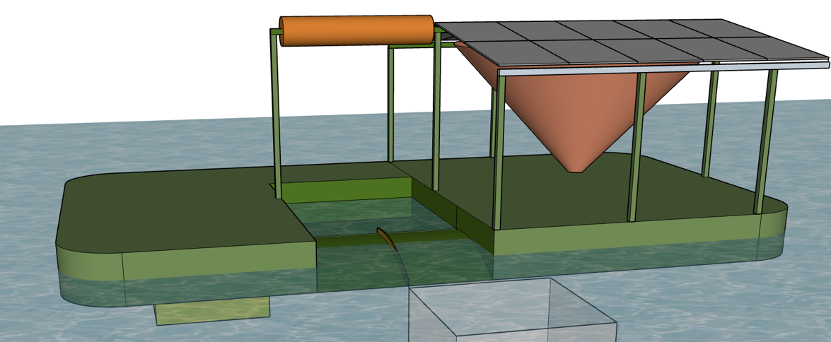 3D model of the floating feed platform with conical feed tank, solar roof, and moonpool