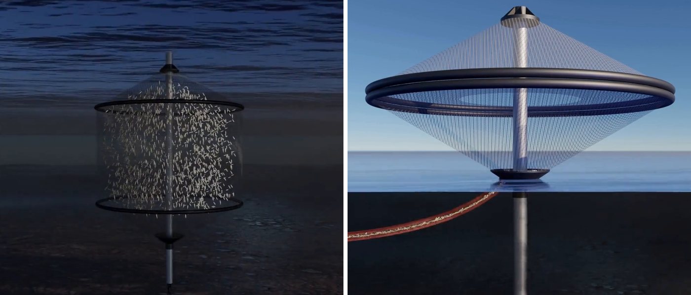 Concept animation stills of the submersible pen: submerged in operating position, and raised above the surface with the column deballasted during harvest